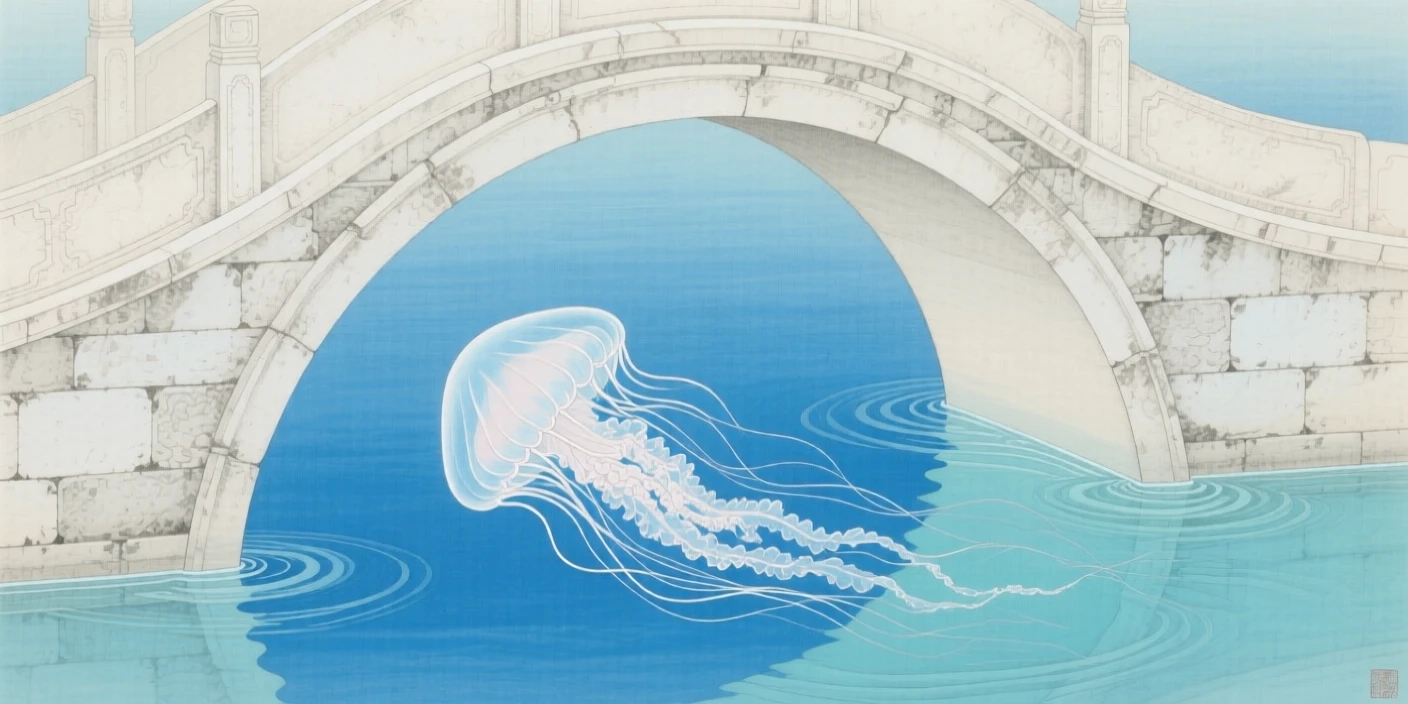 A jellyfish drifting in clear blue water under a curved stone bridge