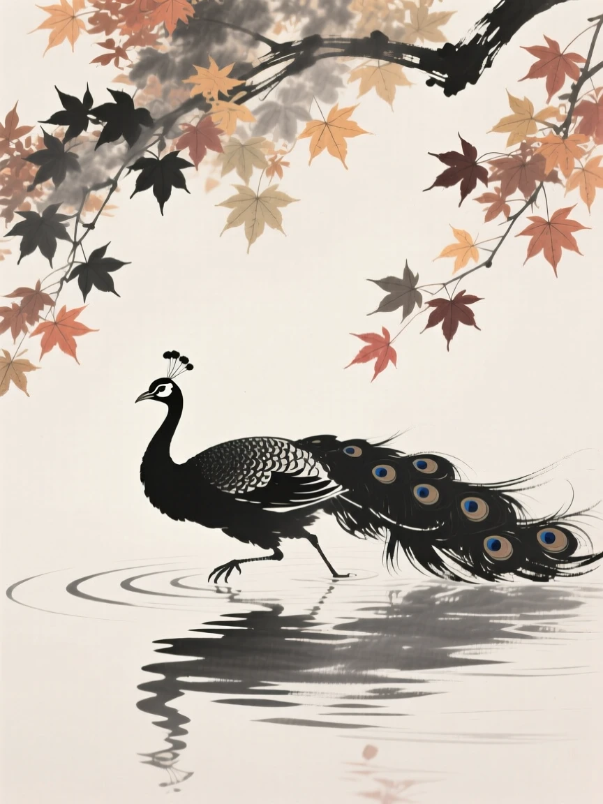 A peacock gliding low across the water's surface beneath a canopy of autumn maple leaves, silhouetted softly against the fading light, suggesting renewal and the gentle passage of seasons.