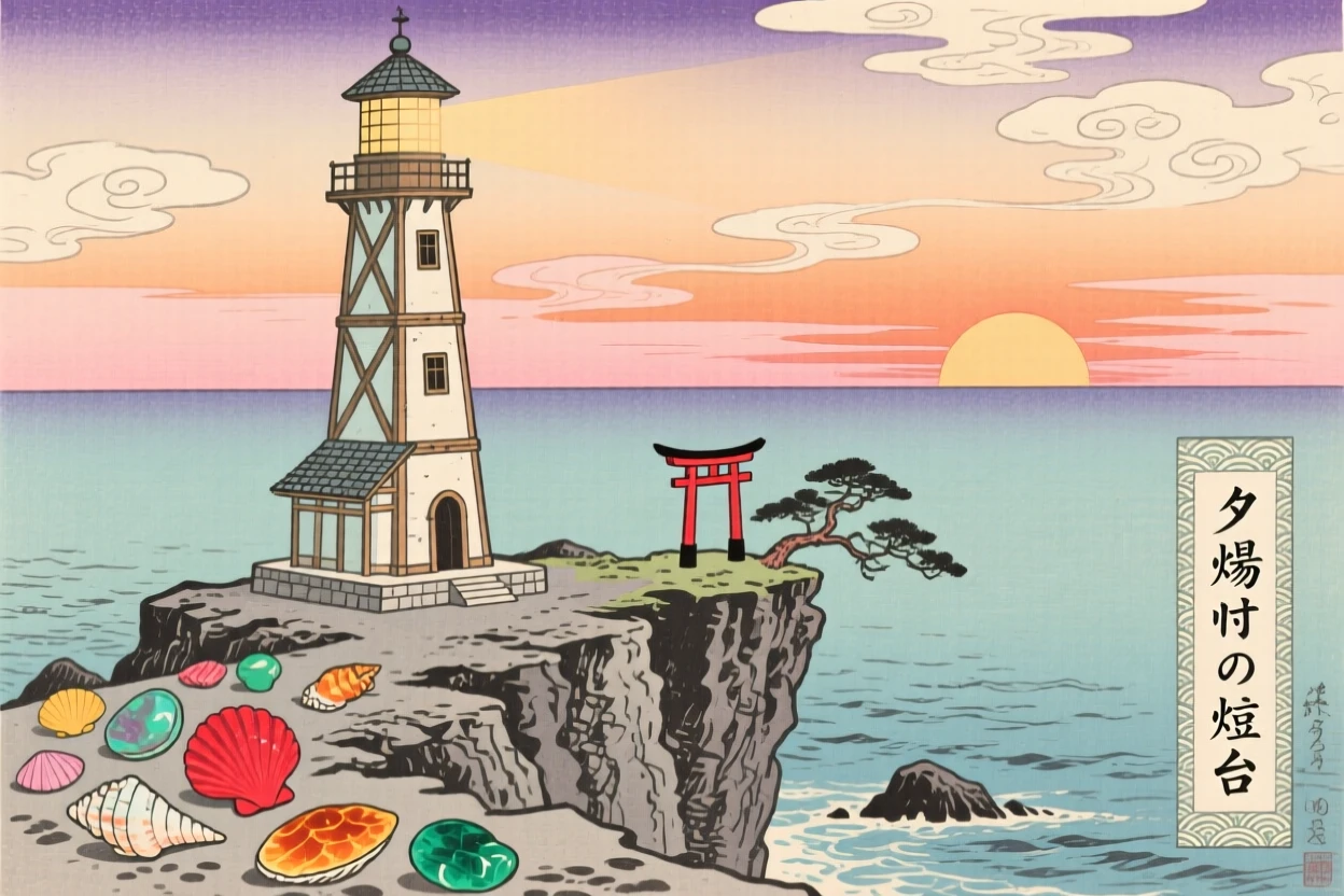 A lighthouse on a stony point near a scatter of colorful shells, at sunset.