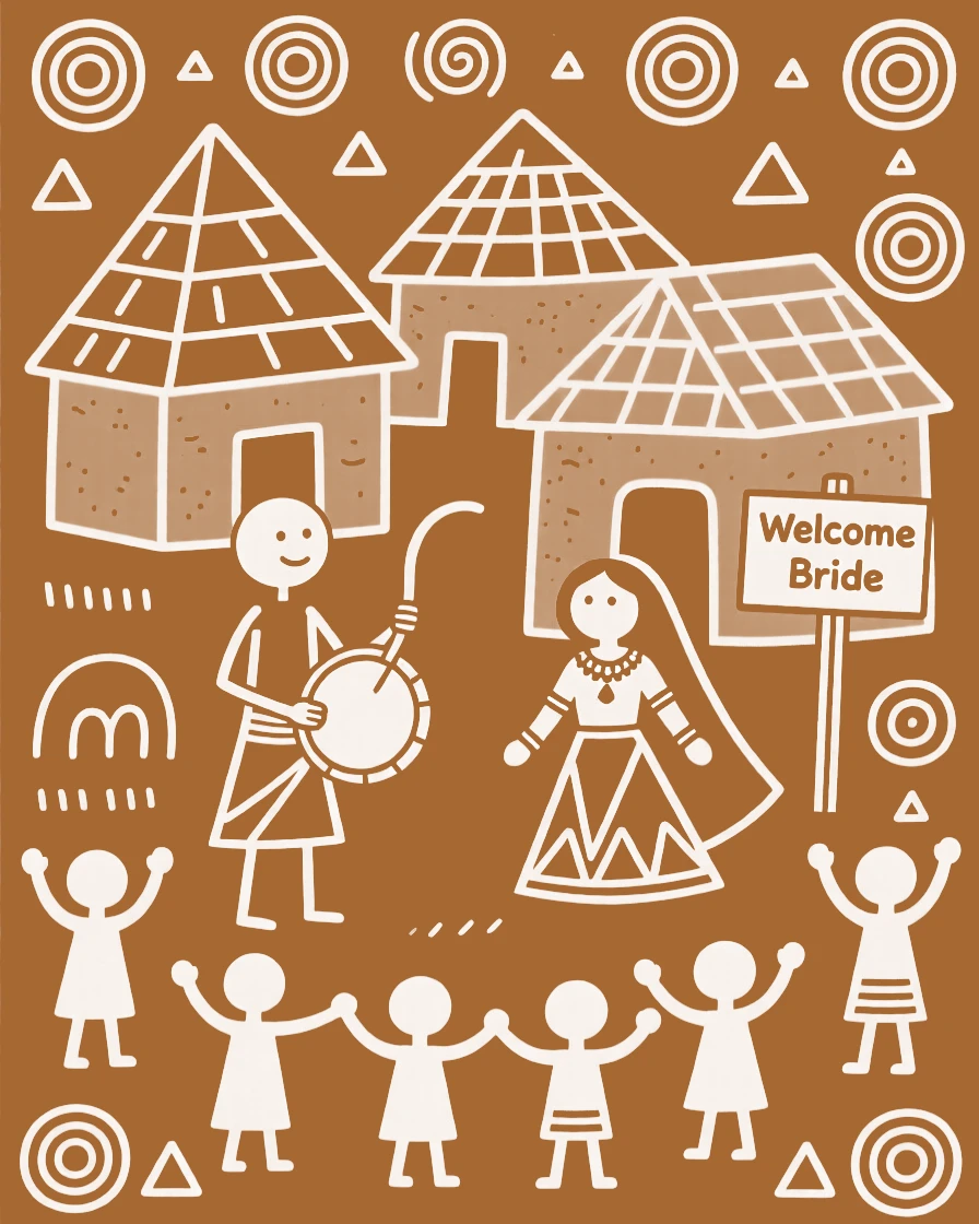 A village storyteller welcoming a new bride into the family outside a cluster of mud huts.
