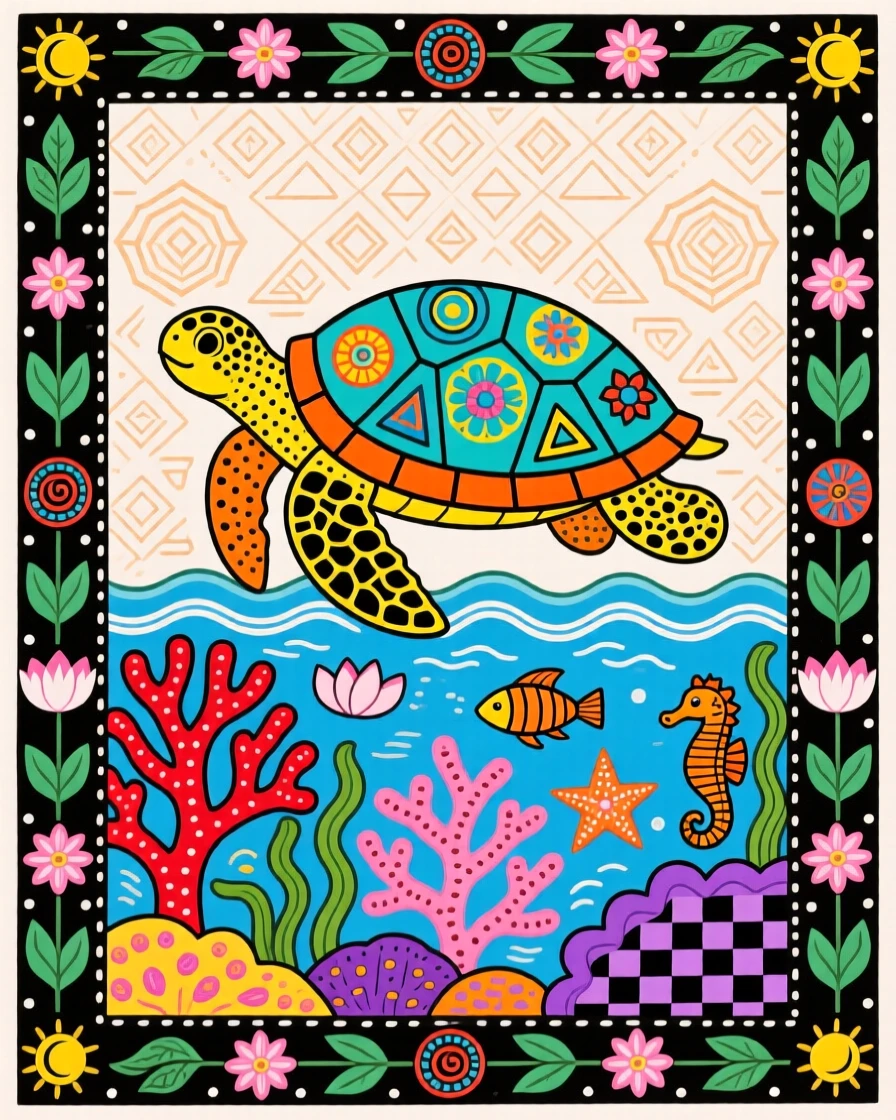 A sea turtle gliding slowly over a coral reef.