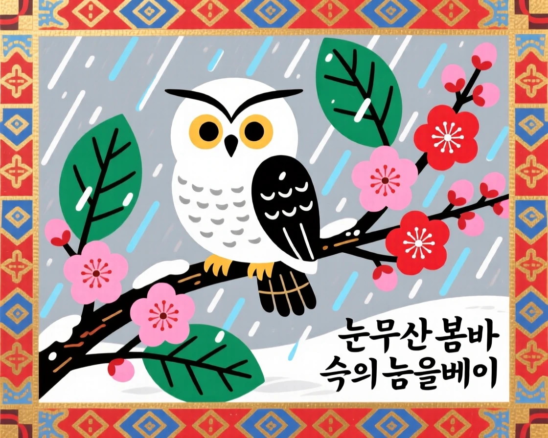 A snowy owl perched on a blossoming plum branch, during a gentle spring rain.