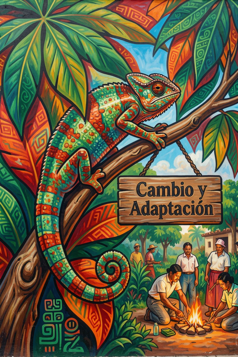 A chameleon perched on a leafy tropical branch