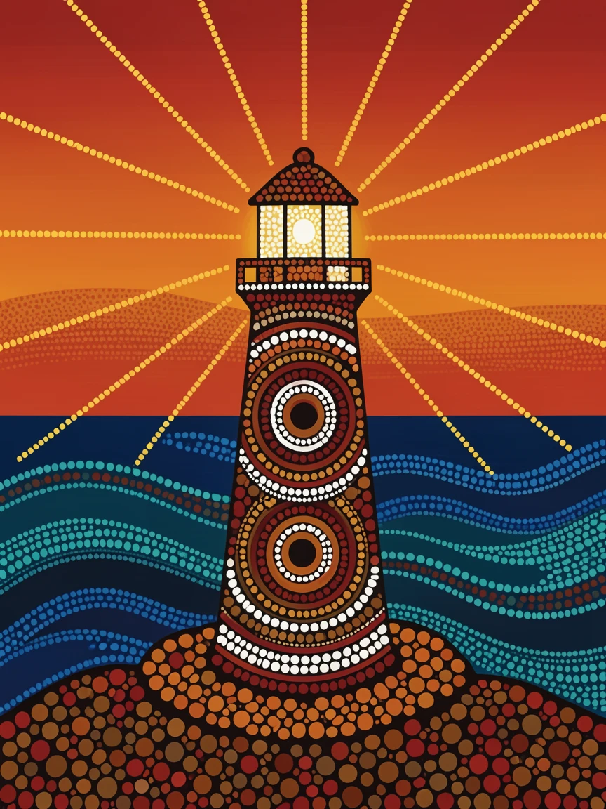 A coastal lighthouse glowing at sunrise