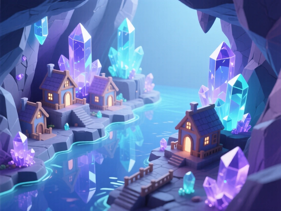 A crystal cavern city glowing with bioluminescent light, homes carved into glittering rock formations, and a underground river reflecting sparkling geode walls.