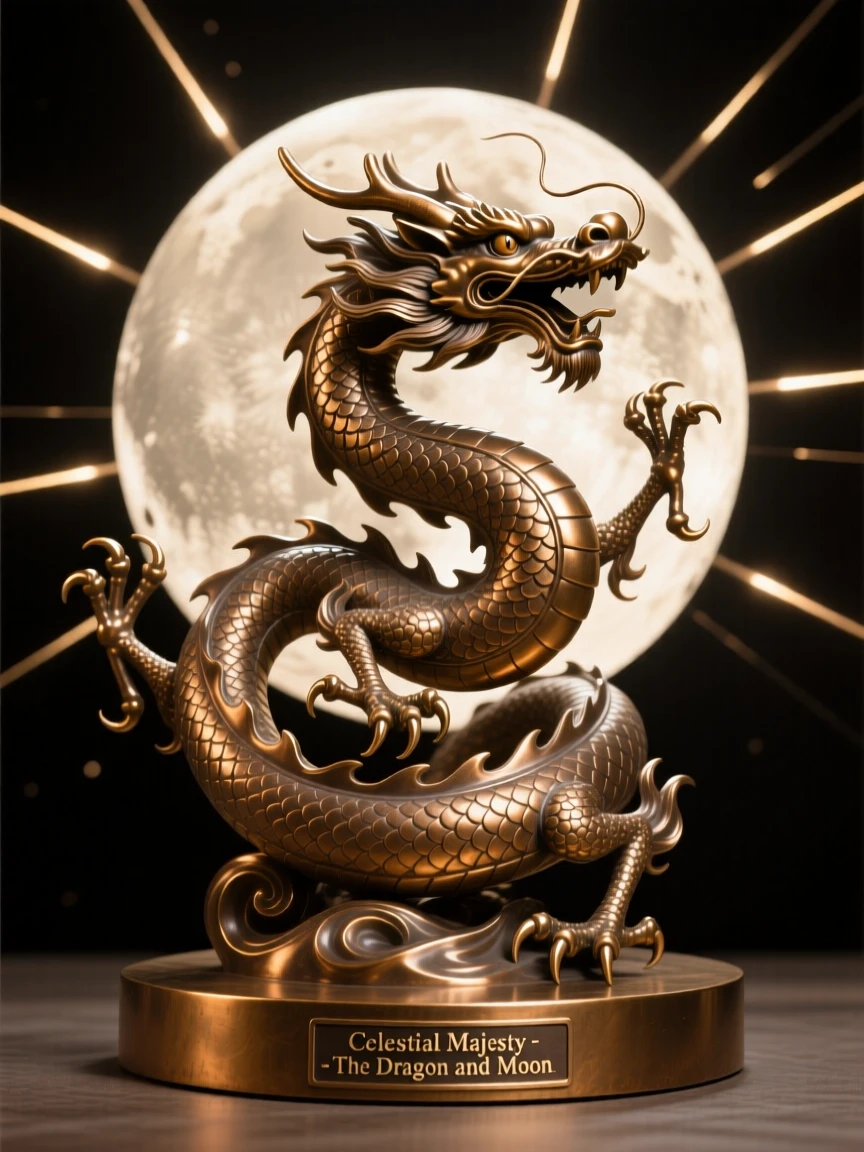 A celestial dragon coiling around the moon, surrounded by radiant beams of light, radiating awe and grandeur
