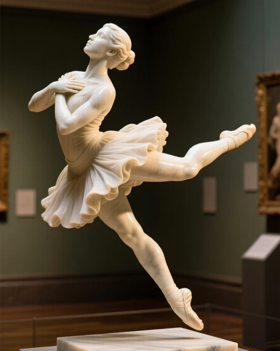 A tender portrait of a young dancer mid-leap, resting chin on folded hands, bathed in golden hour light, evoking warmth and humanity