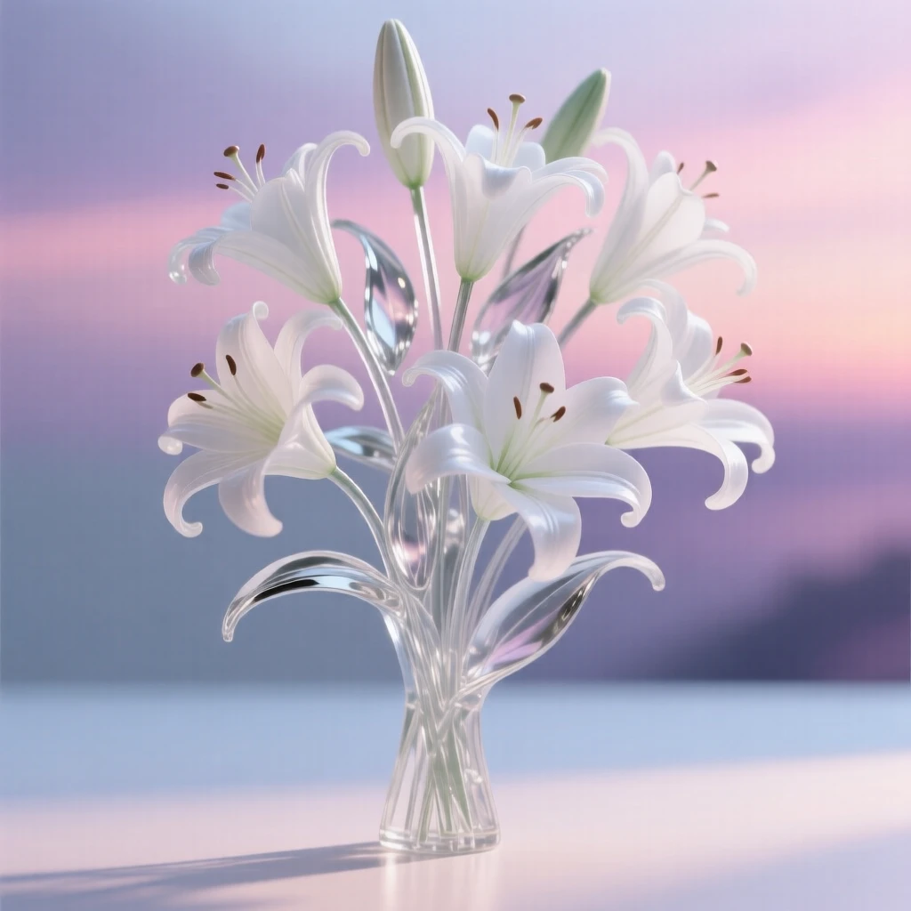 A bouquet of white lilies swaying gently in a light breeze under a pastel sky at dusk, dreamy and peaceful atmosphere.