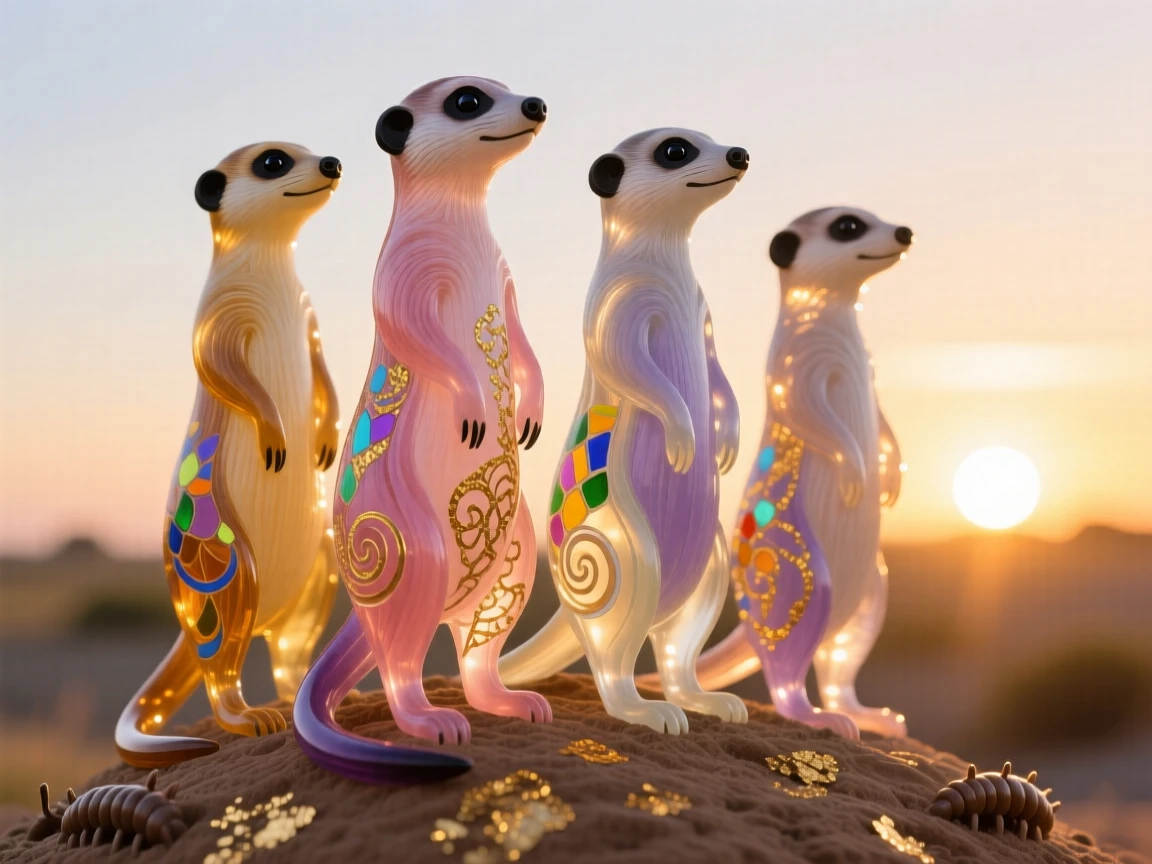 A group of meerkats standing sentinel atop a termite mound at sunrise, alert and endearing.