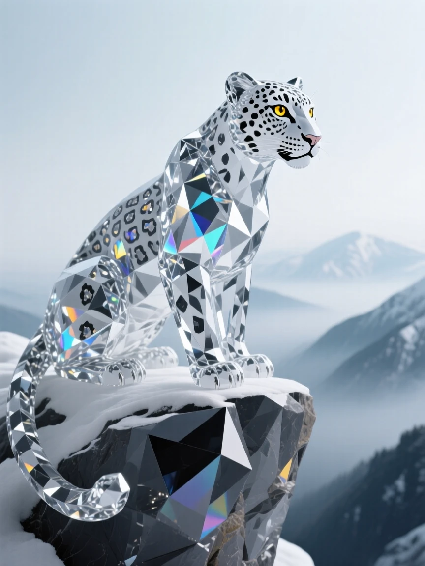 A snow leopard perched on a rocky ledge overlooking a misty Himalayan valley, intense golden eyes fixed on the distance.