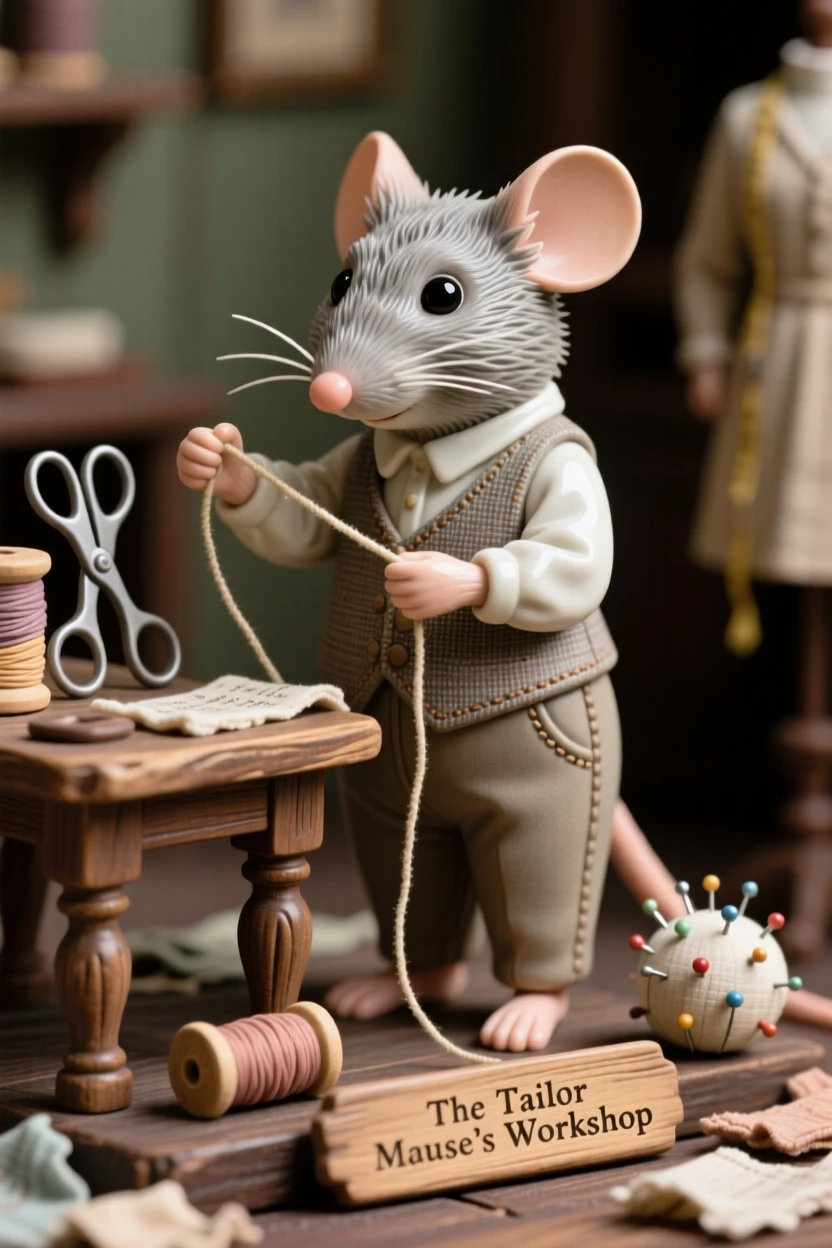 A tiny mouse dressed as a tailor with thread in hand arranged as if from a beloved fairytale page, set within a cozy, detailed miniature world, evoking childlike wonder and gentle humor.
