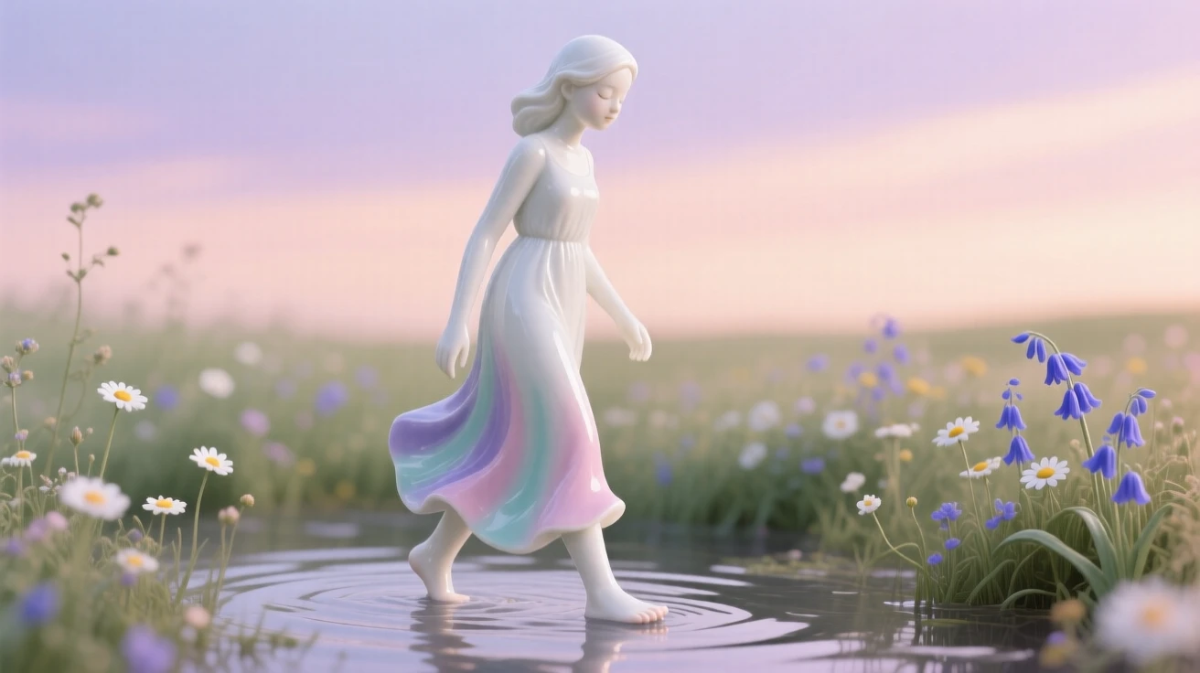 A gentle traveler walking barefoot through shallow water in a wildflower field under a pastel sky, her eyes closed in peaceful reflection.
