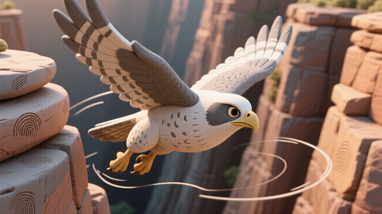 A falcon diving steeply through canyon cliffs at incredible speed