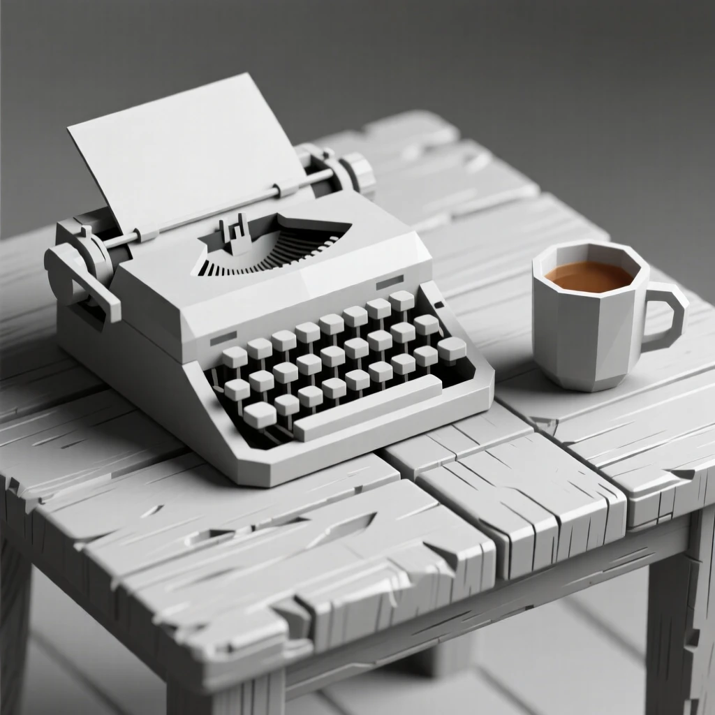 A vintage typewriter beside a cup of tea, on a weathered wooden table. the composition uses a balanced, classic still-life arrangement. The scene feels nostalgic and quiet.