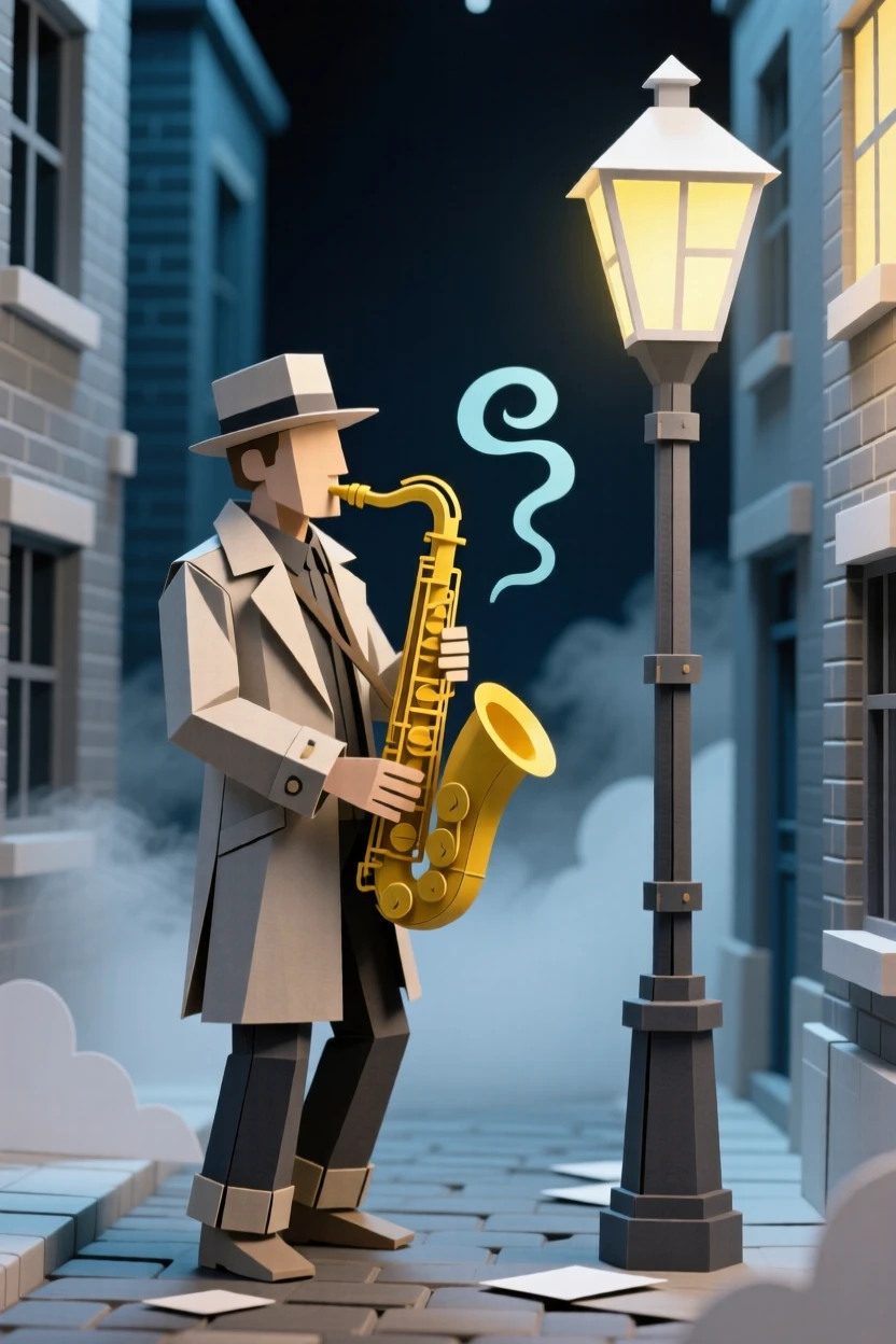 A street musician playing a saxophone under a glowing lamppost in a foggy alley, his breath visible in the cool night air, evoking soulful urban atmosphere.