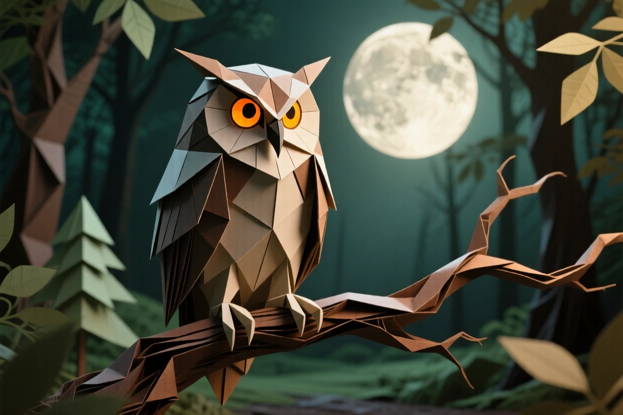 A forest guardian owl with glowing amber eyes perched on a twisted branch overlooking a moonlit clearing.