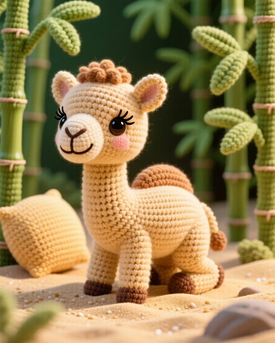 A heartwarming close-up of a baby camel, with long lashes and a single small hump, kneeling down gently in golden sand in a lush bamboo grove; a soft round pillow tucked beneath it completes the scene, radiating cheerful energy and boundless enthusiasm.