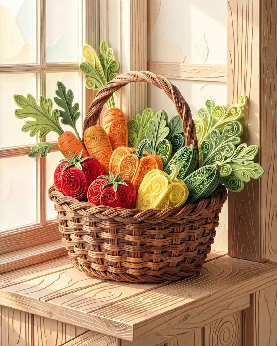a basket of fresh vegetables from a farmers market, on a cozy windowsill with morning light streaming in, arranged with rustic textures adding warmth, in bright, cheerful pastel colors.