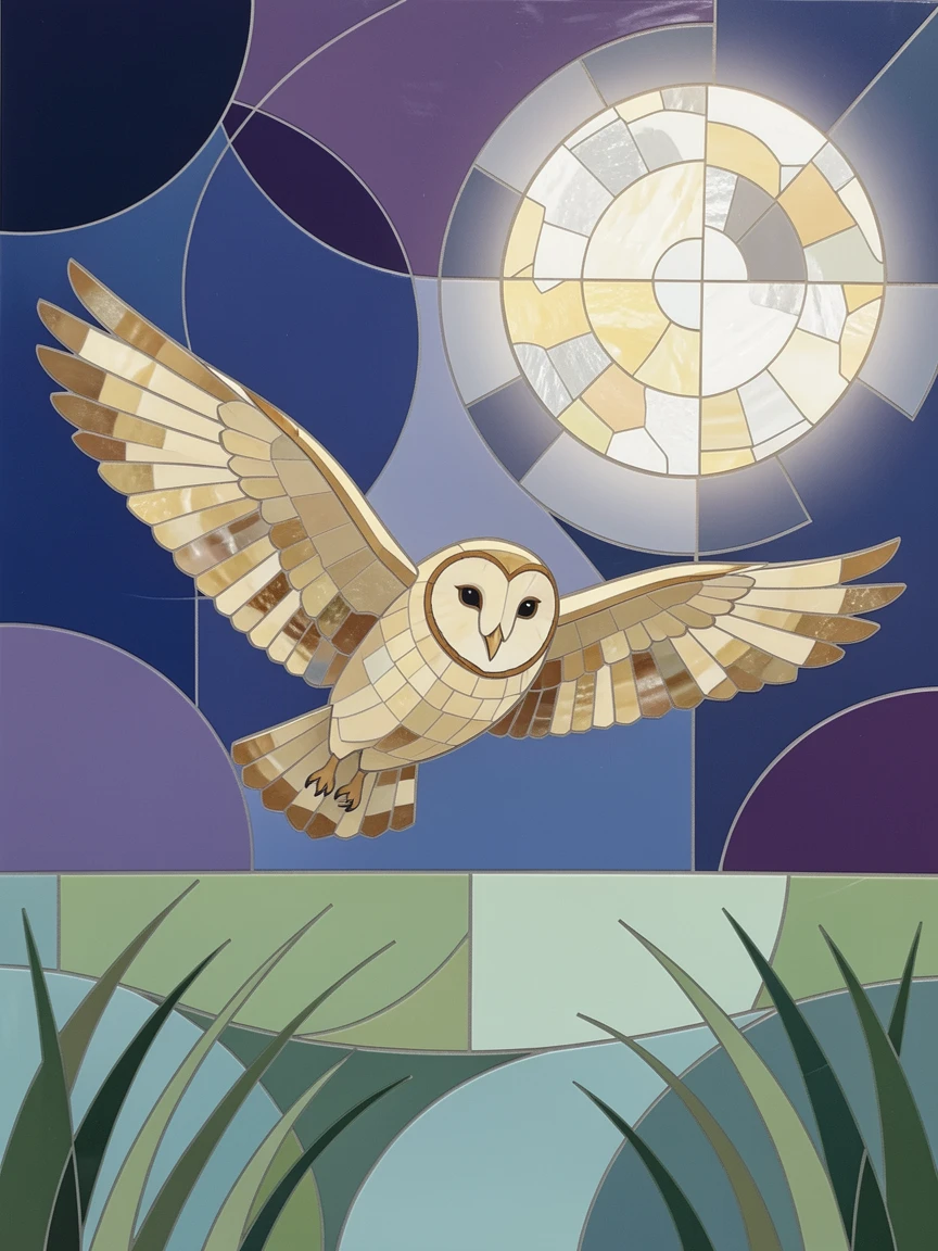 A barn owl in silent flight over a moonlit field.