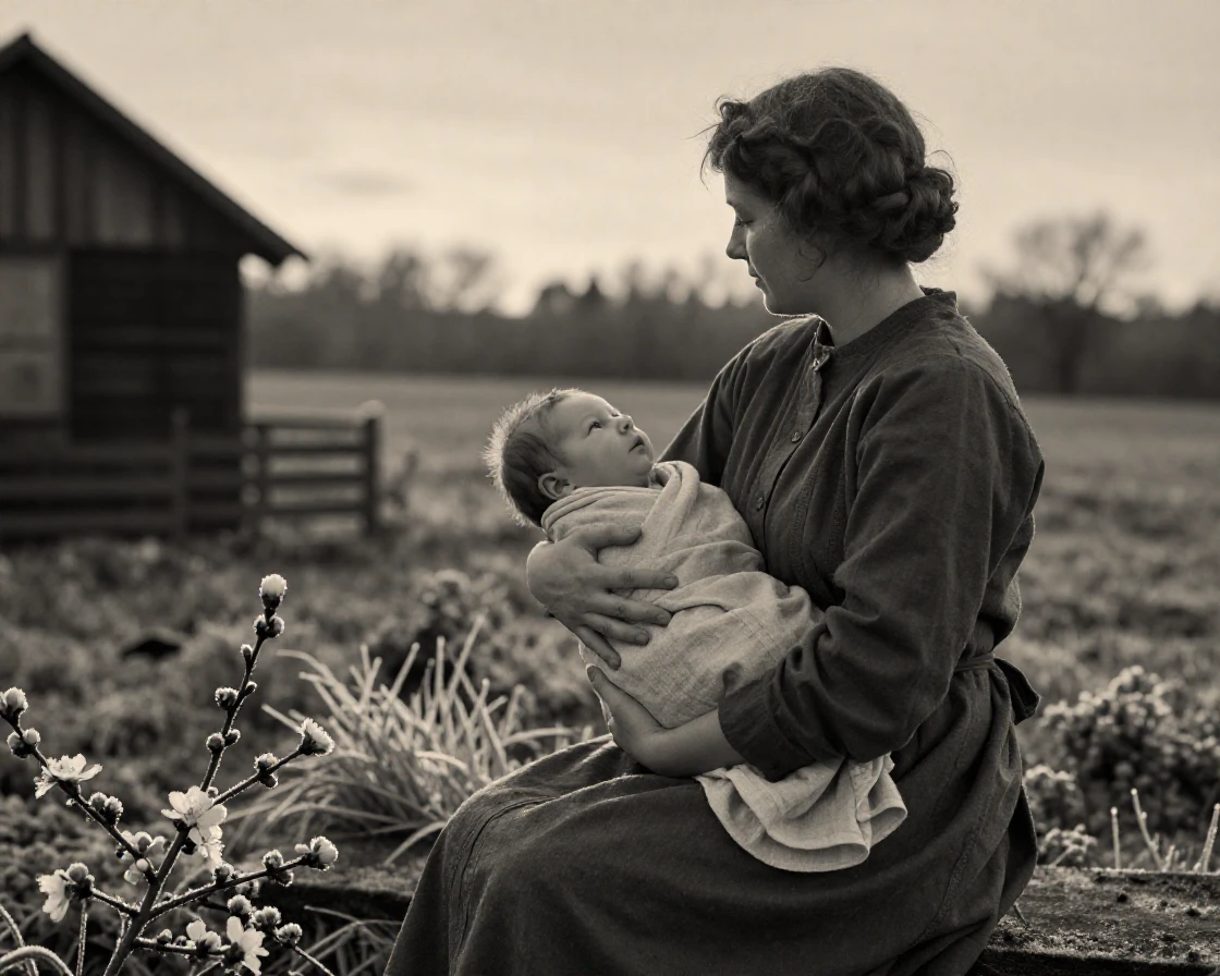 A midwife cradling a newborn wrapped in soft linen, in the last light of dusk, with frost coating every surface, as spring blossoms unfurl, with stark black-and-white contrast softened by a single warm hue, from behind, looking toward the horizon.