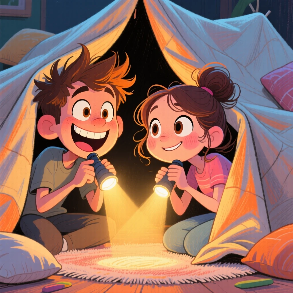 A young couple building a blanket fort together, flashlight held up under their chins.
