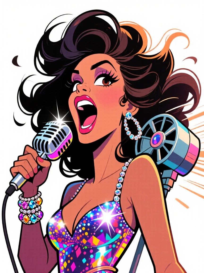 A larger-than-life portrait of an iconic pop diva belting into a sparkling microphone, wind machine blowing her hair back dramatically.