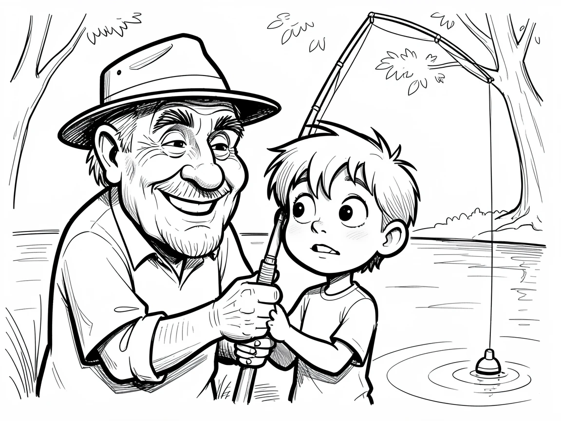[Family & Relationship Moments] Heartwarming scene of grandpa teaching his grandson how to fish at a quiet lake, radiating love and warmth