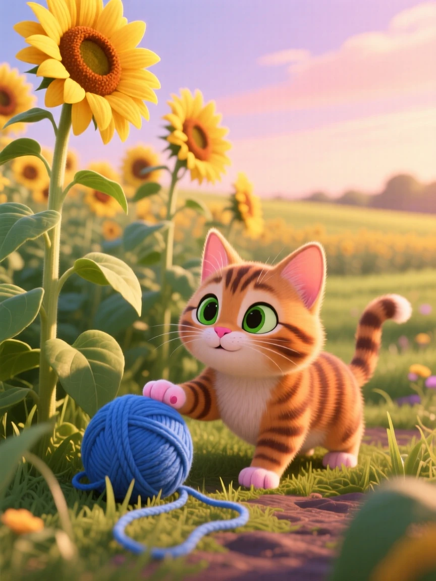 A tabby kitten is wandering through a field of sunflowers, pawing gently at a ball of yarn. The scene feels warm and heartwarming, with warm colors filling the background.