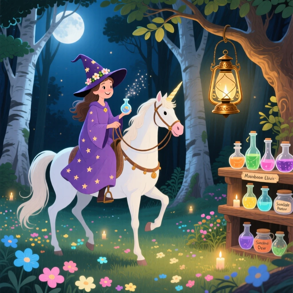 In a field of luminous flowers, a kind witch with a garden of potions discovers a moment of wonder while riding a unicorn through a moonlit forest, while soft golden light spills from an old lantern.
