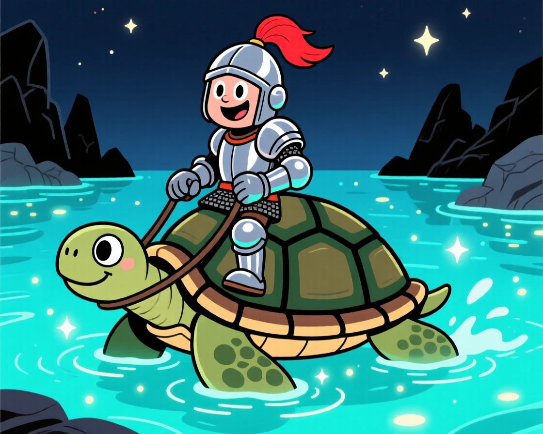 A brave knight riding a giant turtle across a glowing lagoon.