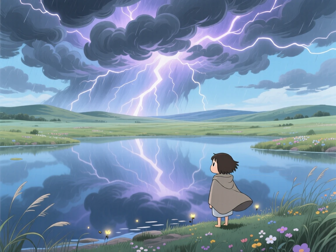 A stunning view of a dramatic thunderstorm rolling across a distant plain, reflected perfectly on a mirror-still surface below.