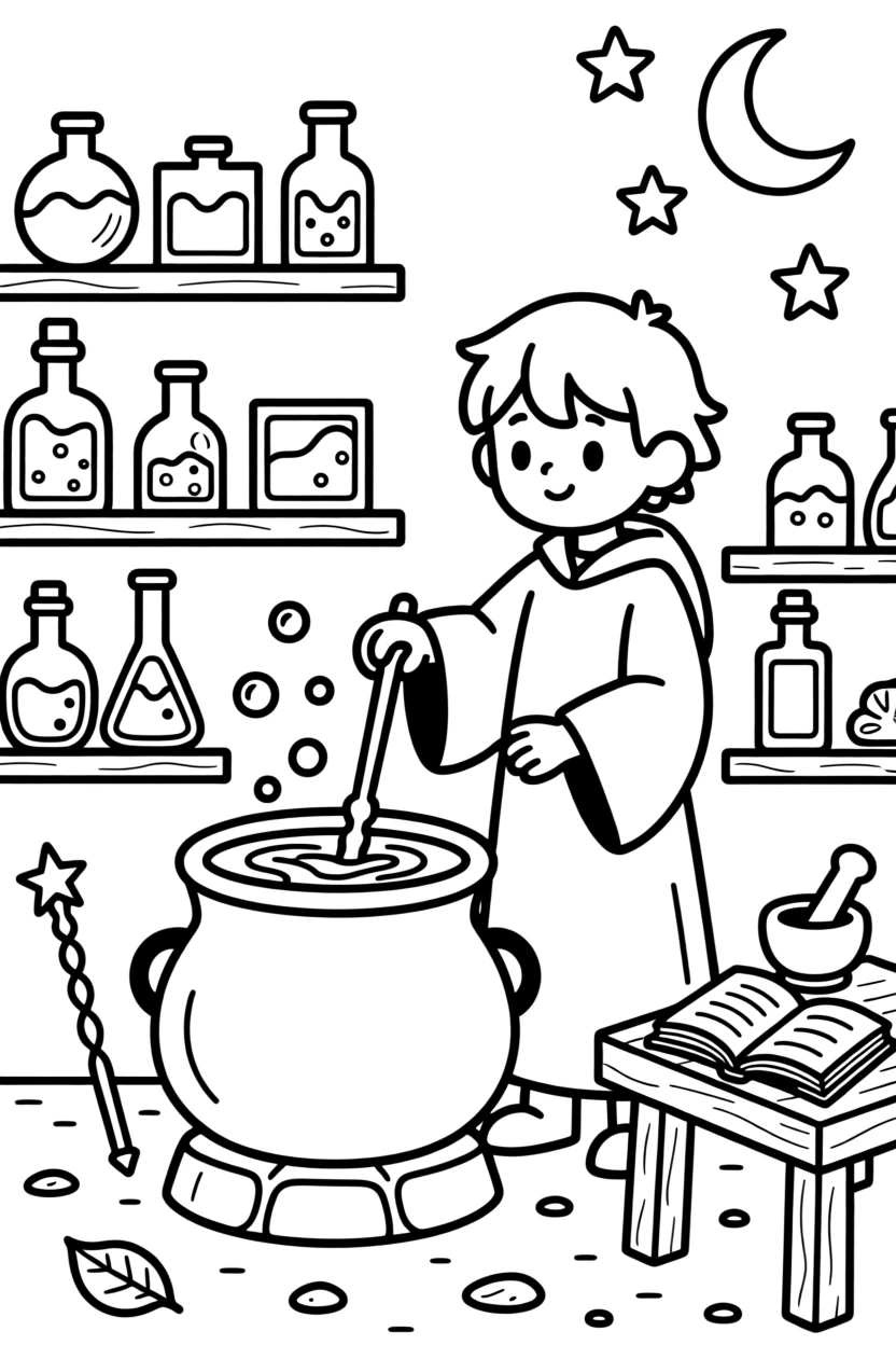 A wizard's apprentice mixing a bubbling potion in a cauldron