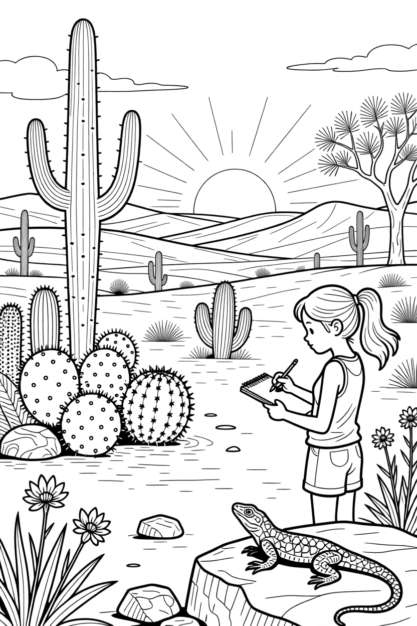 A cactus garden under a desert sunset, with soft morning light filtering through the leaves.