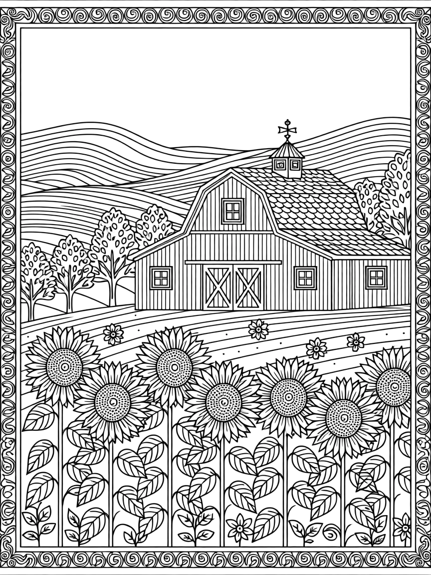 A row of sunflowers facing a barn at the edge of a farm field.