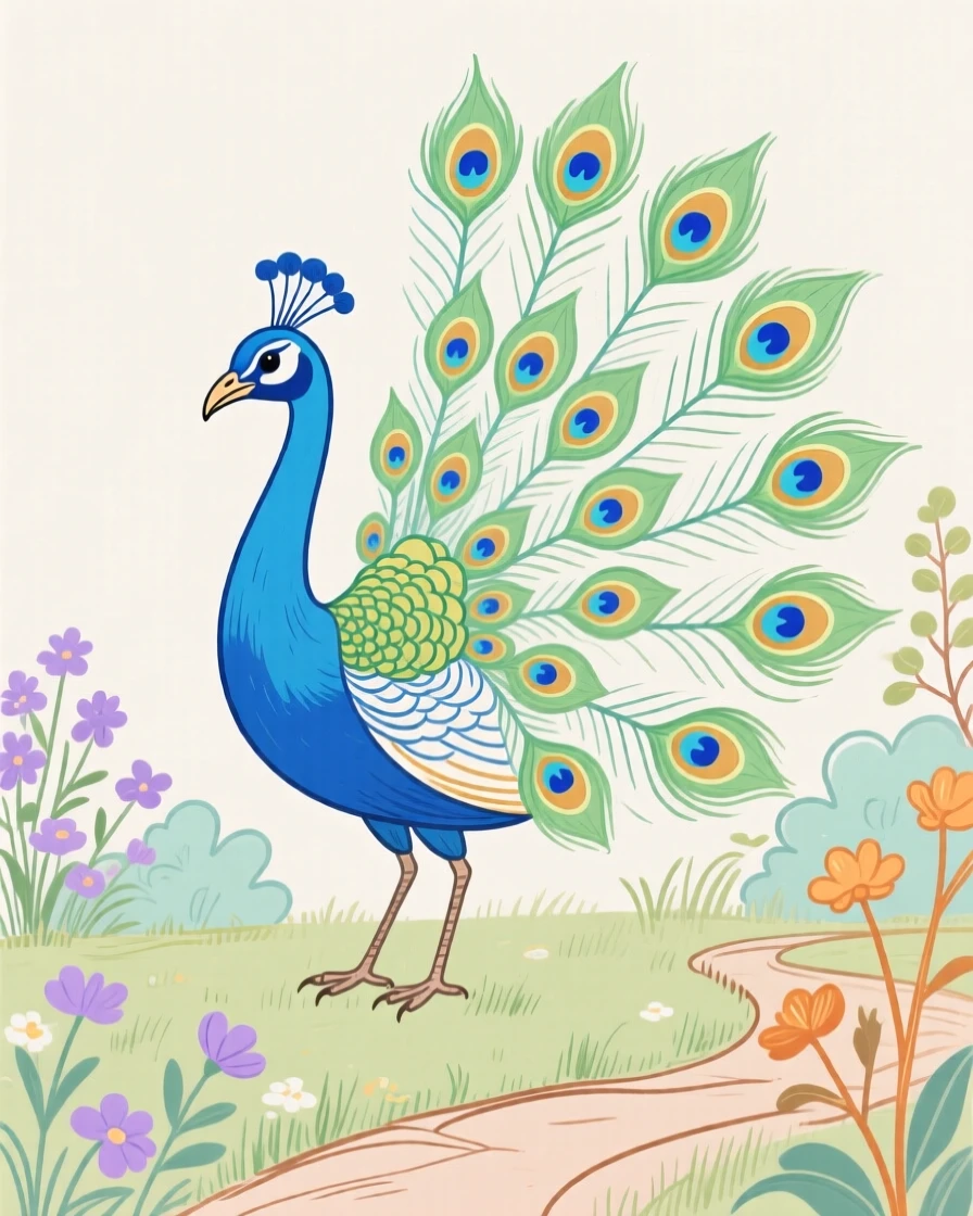 A peacock displaying its full tail feathers in a garden.