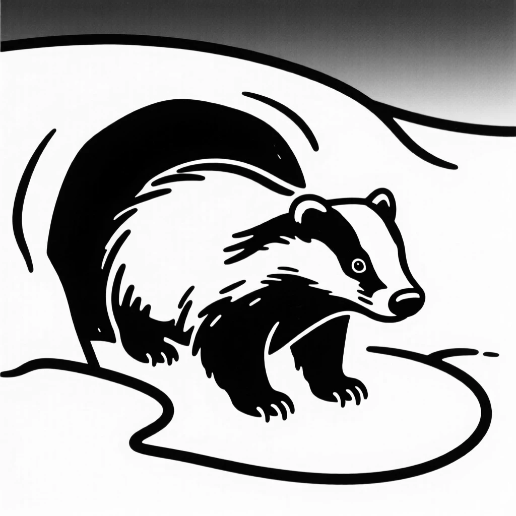 A badger emerging from its burrow entrance at dusk.
