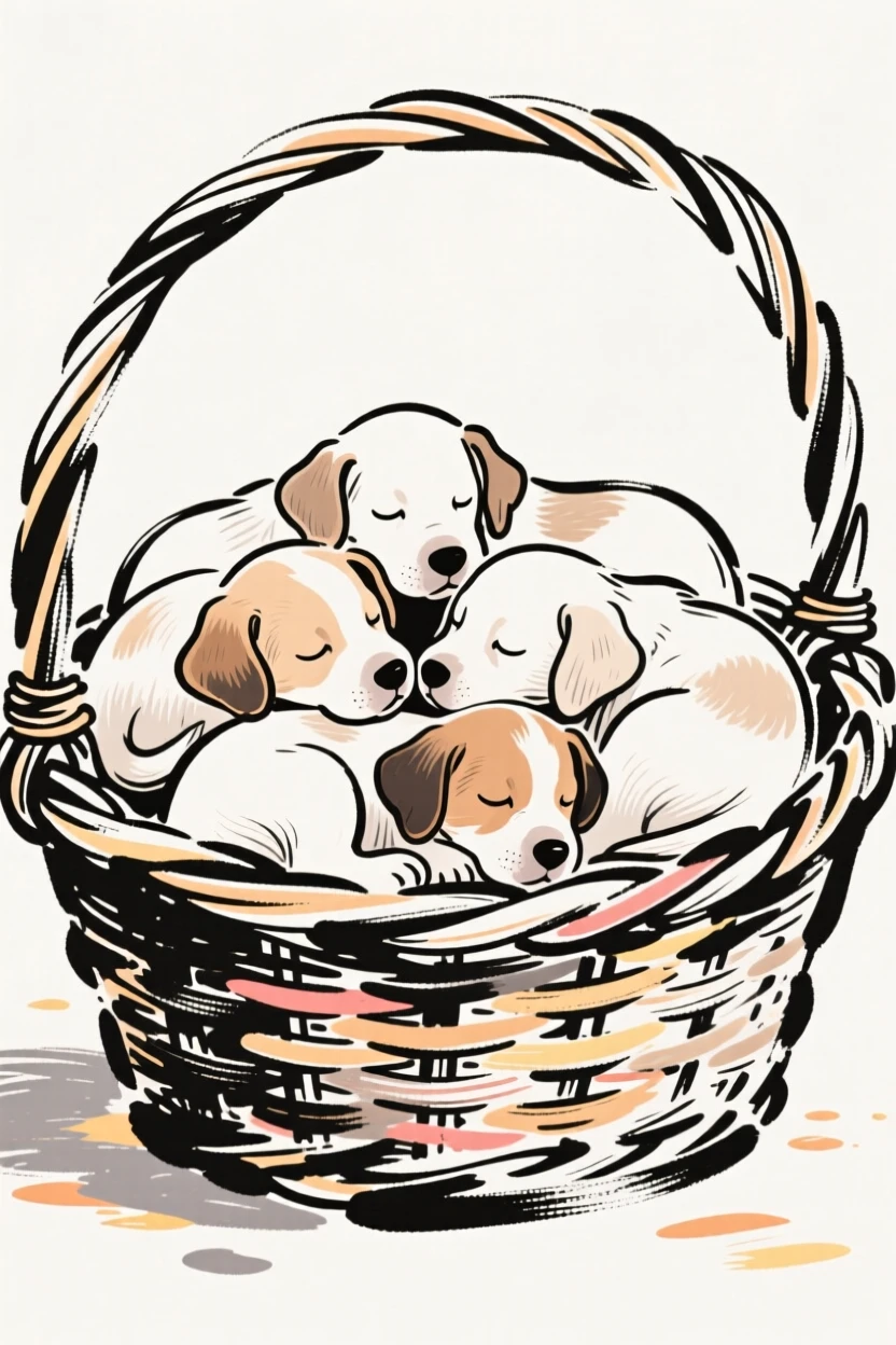 A litter of puppies piled together asleep in a wicker basket.