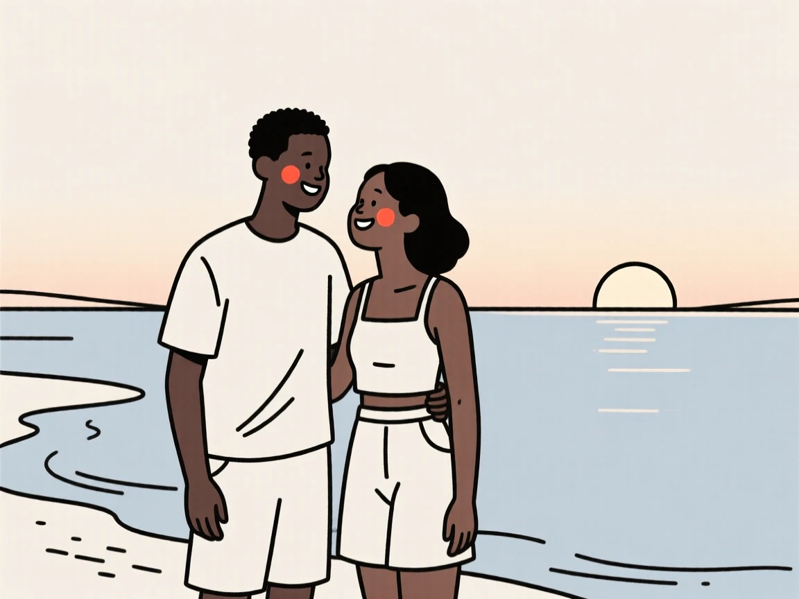 A young couple of Nigerian heritage gathering for a summer reunion, beside a calm lake at sunrise.