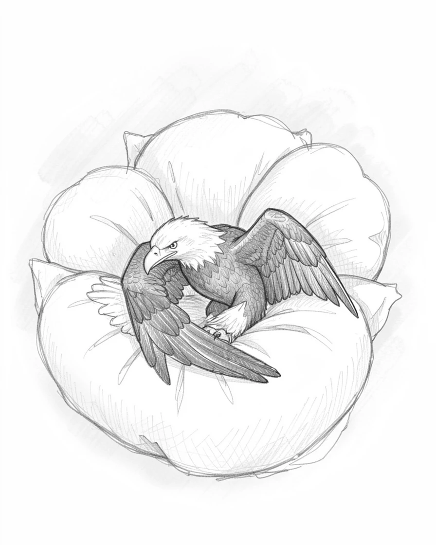 A heartwarming scene of a soaring bald eagle nestled among soft pillows, framed by soft morning mist.