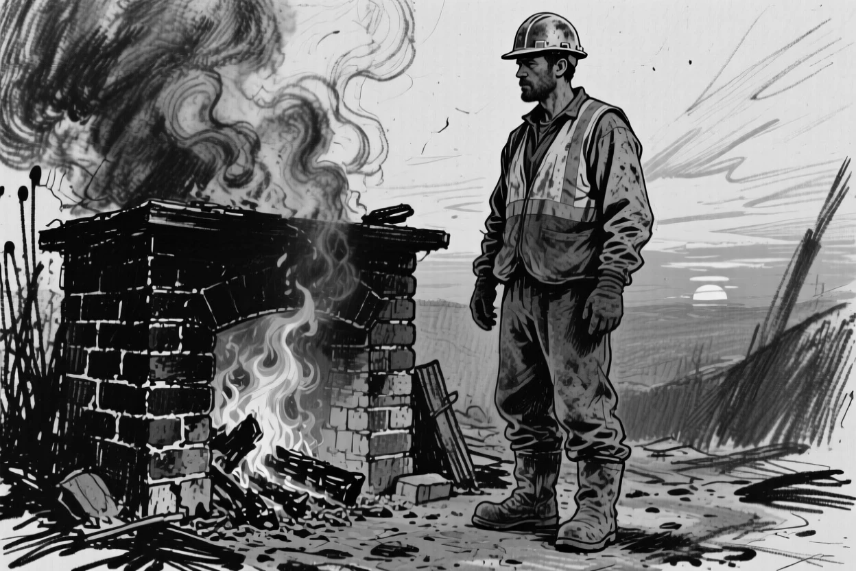 A construction worker gazing thoughtfully into the distance at sunset, beside a crackling fireplace.