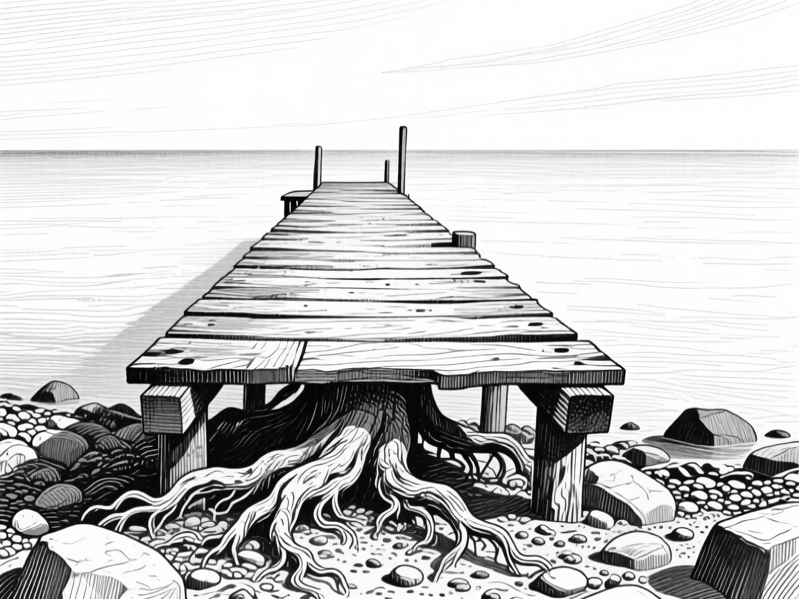 A wooden dock at the edge of an endless horizon, with gnarled roots gripping the rocky soil, evoking a calm and meditative atmosphere in a wide, balanced composition.