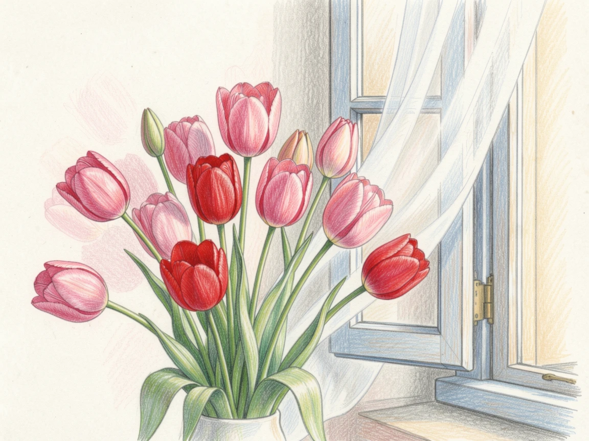 A delicate arrangement of tulips in every shade of pink and red, placed beside an open window with sheer curtains drifting, evoking romance, elegance, and quiet beauty.