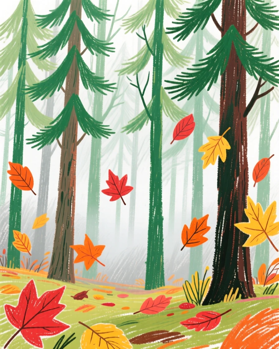 A view of a misty pine forest surrounded by drifting autumn leaves.