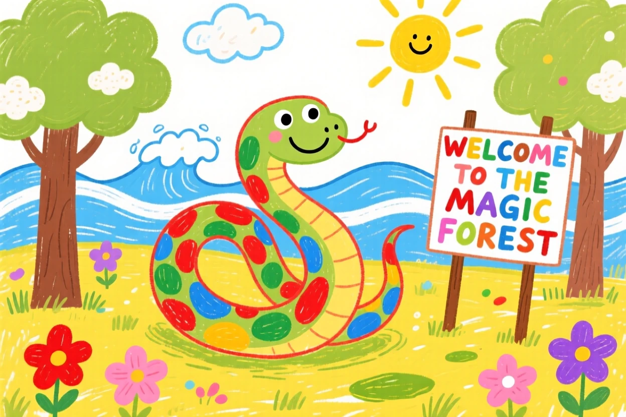 A friendly sea serpent curling through waves in an enchanted forest clearing.