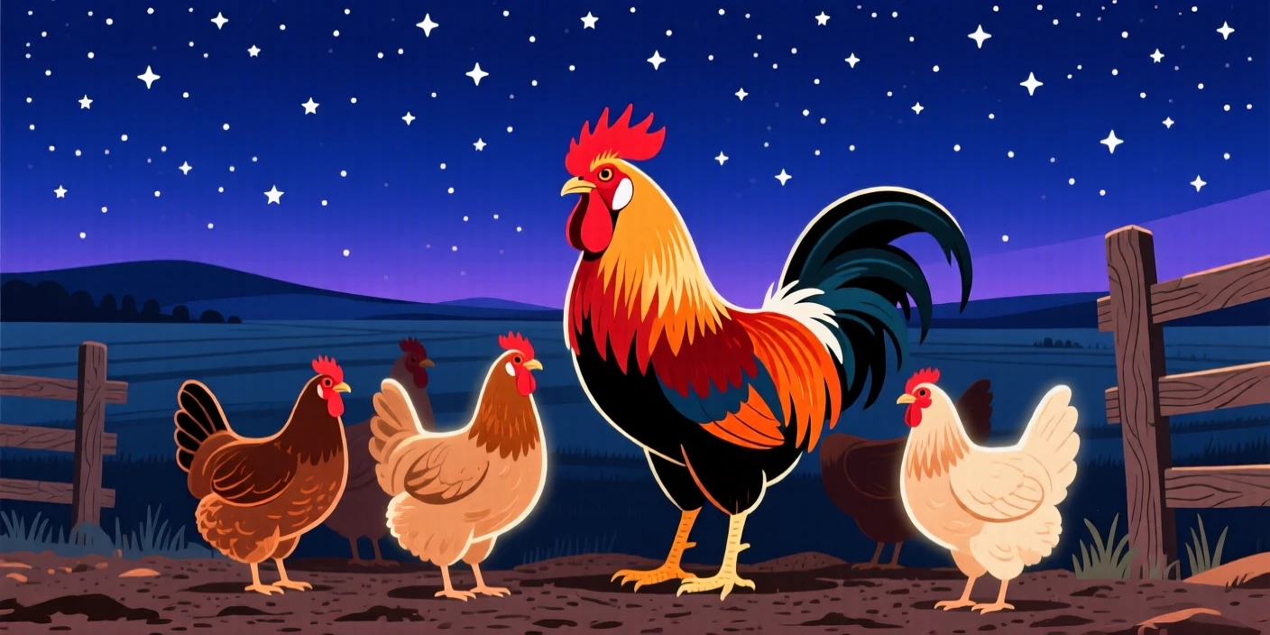 A rooster and hens gathered in a rustic farmyard, set against a starry night sky over open plains, captured in profile with soft rim lighting, with vivid, richly saturated colors that pop.