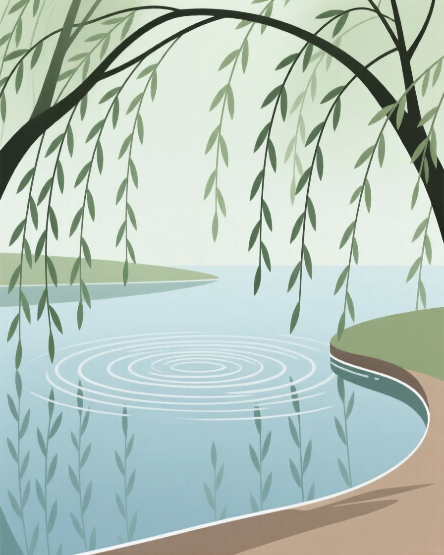 A tranquil hidden lagoon surrounded by willow branches, with gentle ripples on the surface.