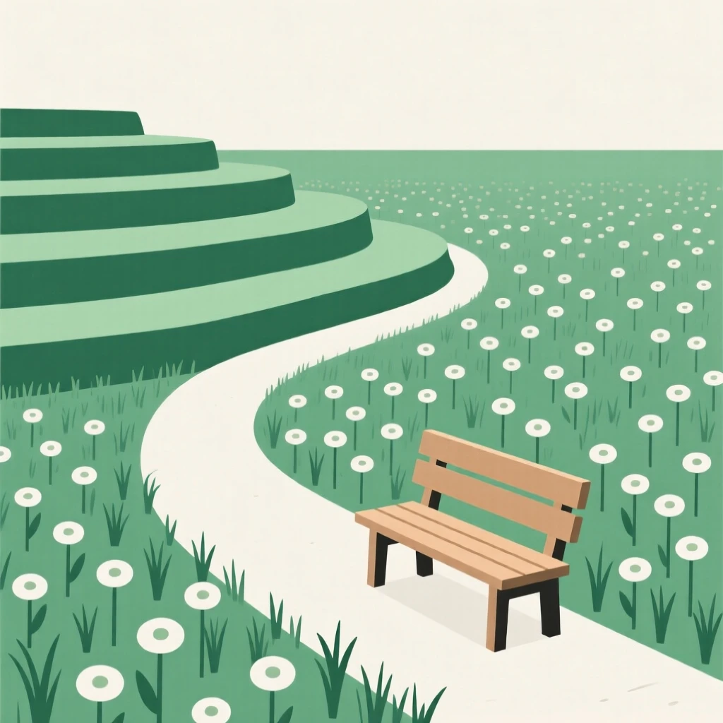 A winding path through a terraced rice paddy leading toward a field of wildflowers, with a single wooden bench scattered along the way, radiating quiet wonder.
