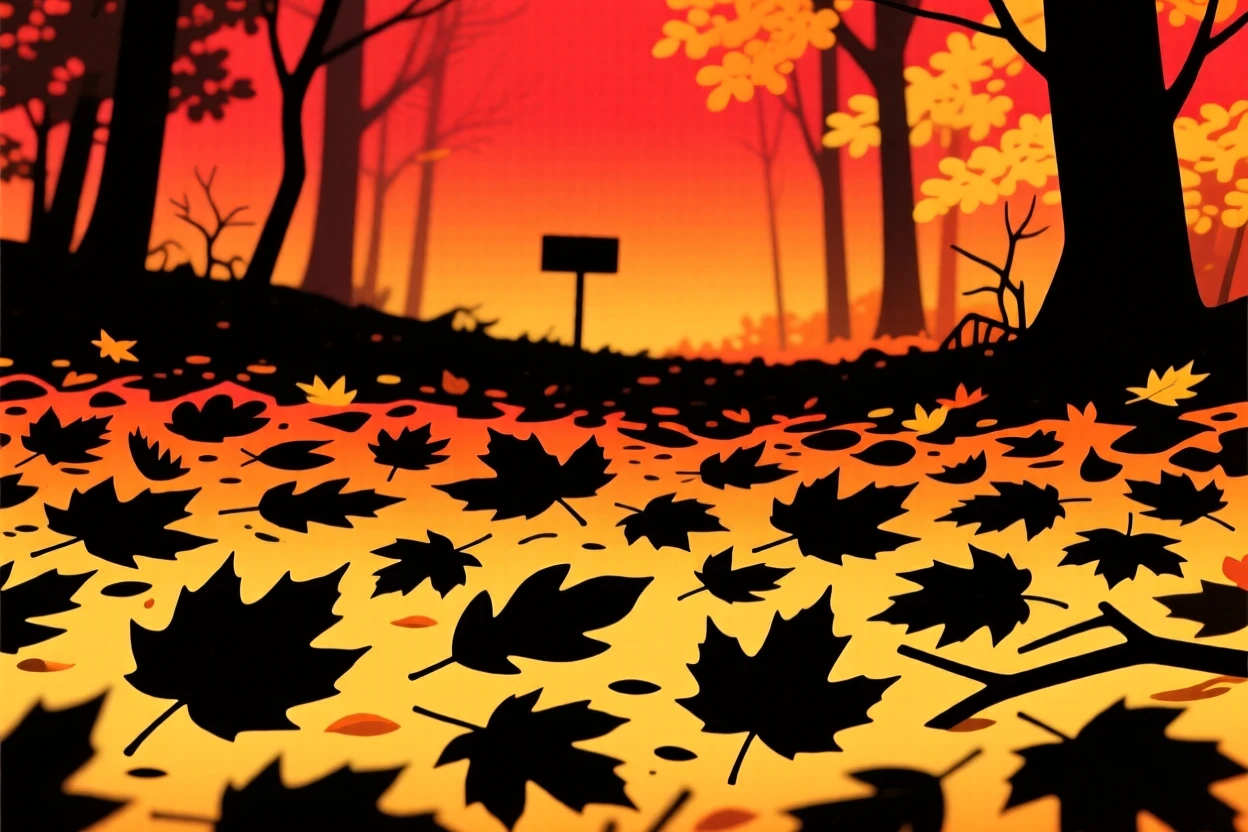 A forest floor blanketed in fallen autumn leaves of deep red and gold.