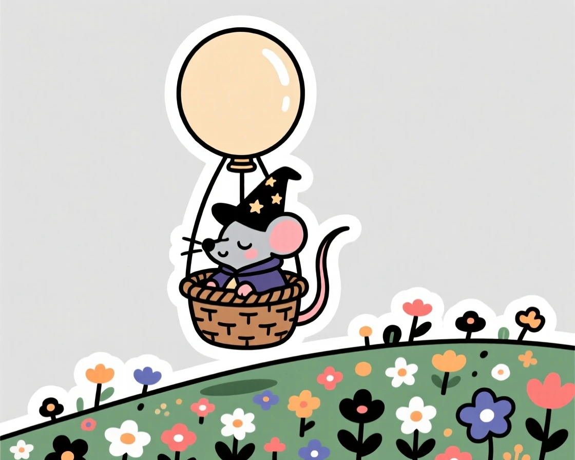 A sleepy tiny wizard mouse sitting inside a floating balloon basket, atop a hill covered in wildflowers.