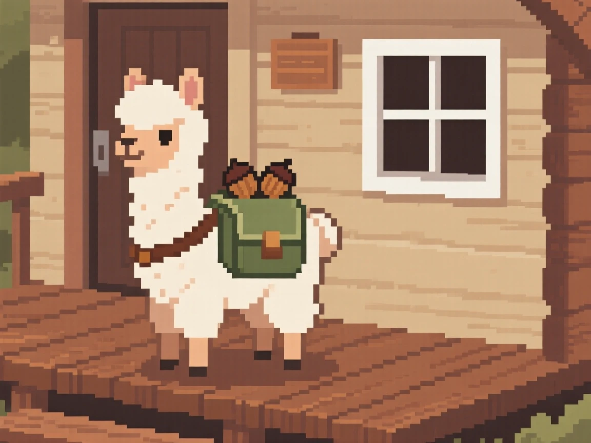 A baby alpaca wearing a backpack full of acorns, on the porch of a tiny cottage.